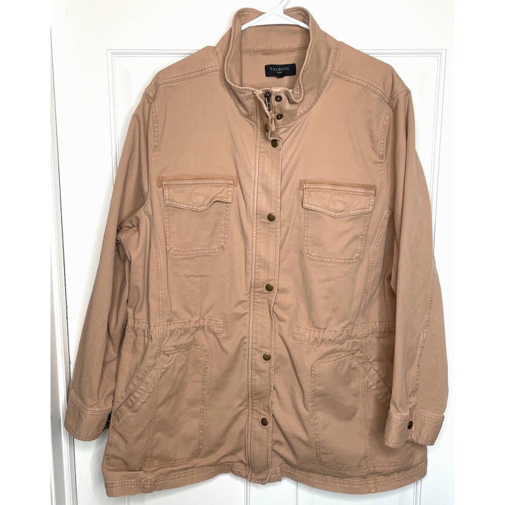 Talbots Women's Utility Jacket Sz 3X Khaki Button Front Drawstring Waist Pockets